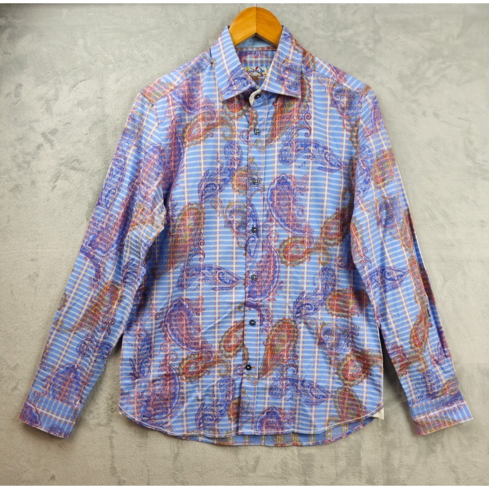 Brandolini Mens Medium Blue Orange Paisley Plaid Shirt‎ Long Sleeve Casual